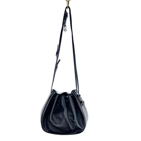Brighton Handbags - Brighton Black Leather Croc Embossed Drawstring Bucket Bag Purse Crossbody Cinch
